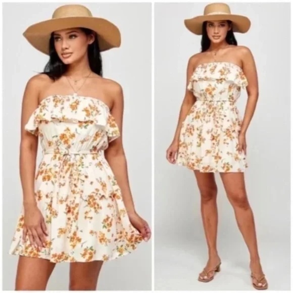 Cream Orange Floral Print Ruffle Trim Strapless Tube Casual Summer Mini Dress - Picture 1 of 6